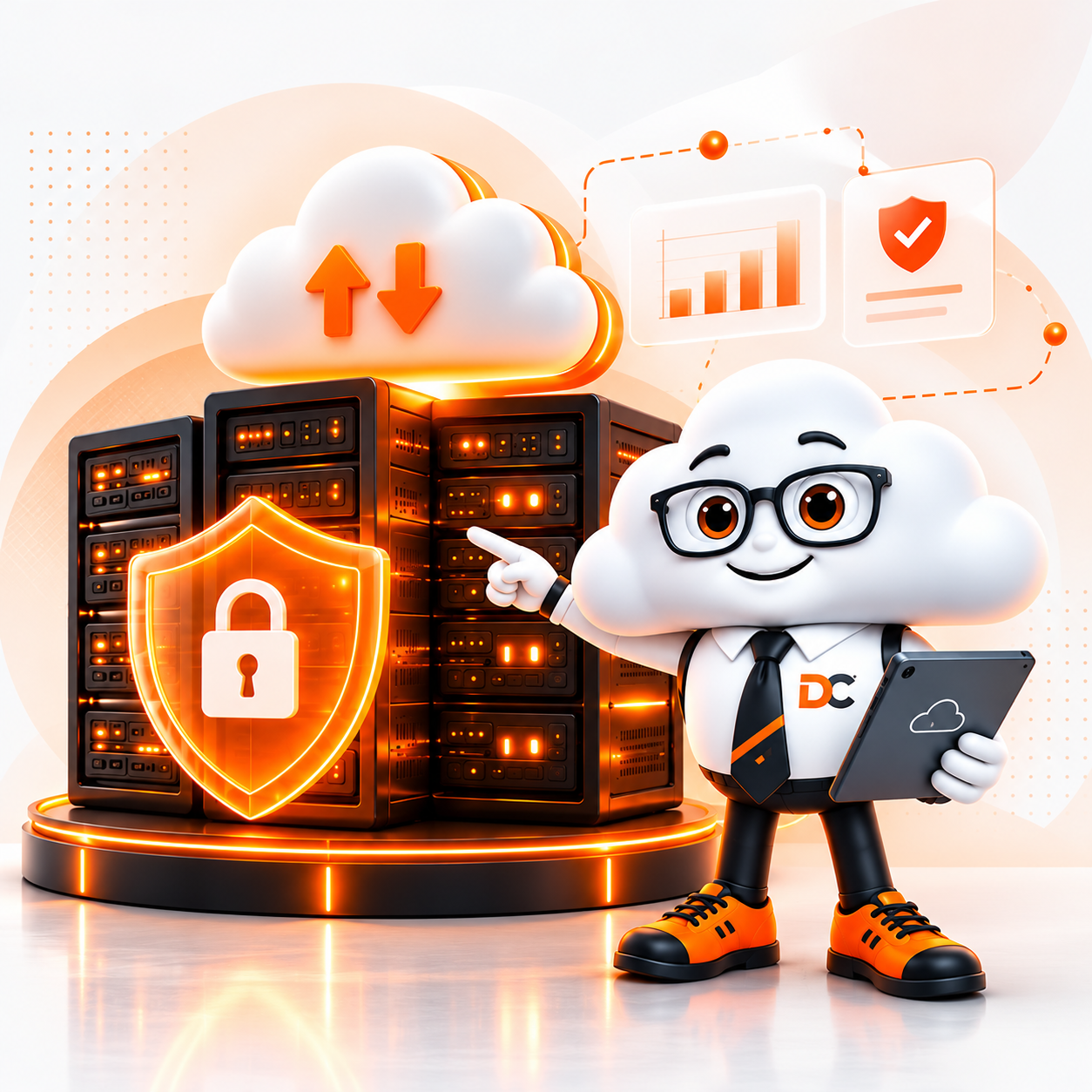 Cloud mascot beside a protected server rack with a shield and padlock